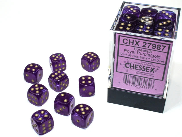 Chessex - Würfelset - Borealis - Royal Purple / gold - 12 mm - d6 Dice Block - Glows in the Dark - 36 Stück