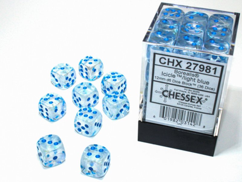 Chessex - Würfelset - Borealis - Icicle / light blue - 12 mm - d6 Dice Block - Glows in the Dark - 36 Stück