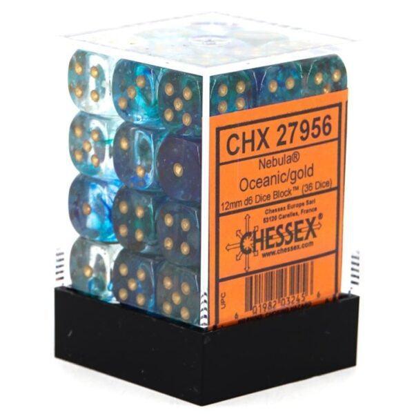 Chessex - Würfelset - Nebula - Oceanic / gold - 12mm - d6 Dice Block - Glows in the Dark - 36 Stück
