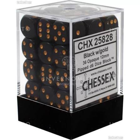 Chessex - Würfelset - Opaque - Black / gold - 12mm - d6 Dice Block - 36 Stück