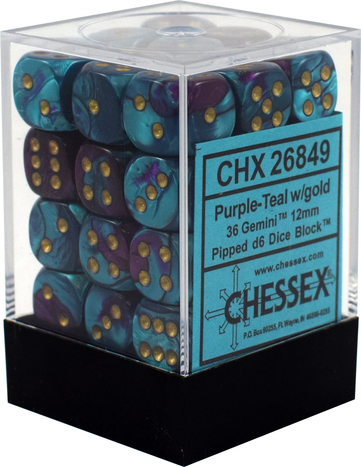 Chessex - Würfelset - Gemini - Purple - Teal / gold - 12mm - d6 Dice Block - 36 Stück