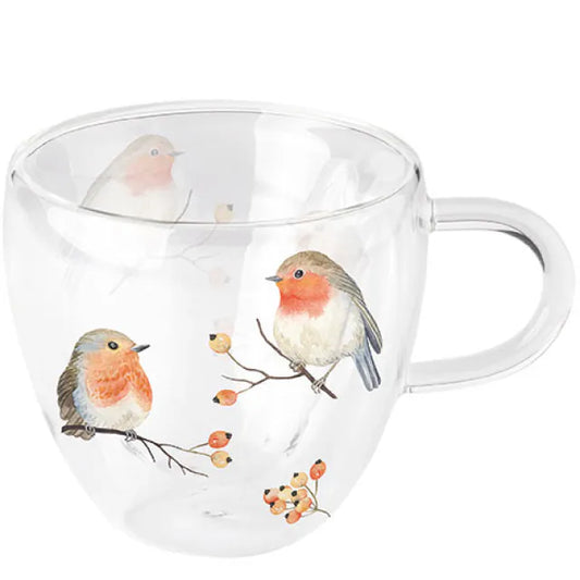 Ambiente - Doppelwandiges Glas 0,2 L Rotkehlchen  Familie