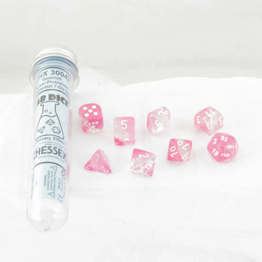 Chessex - Würfelset Gemini Clear-Pink/White Lab Dice (8)
