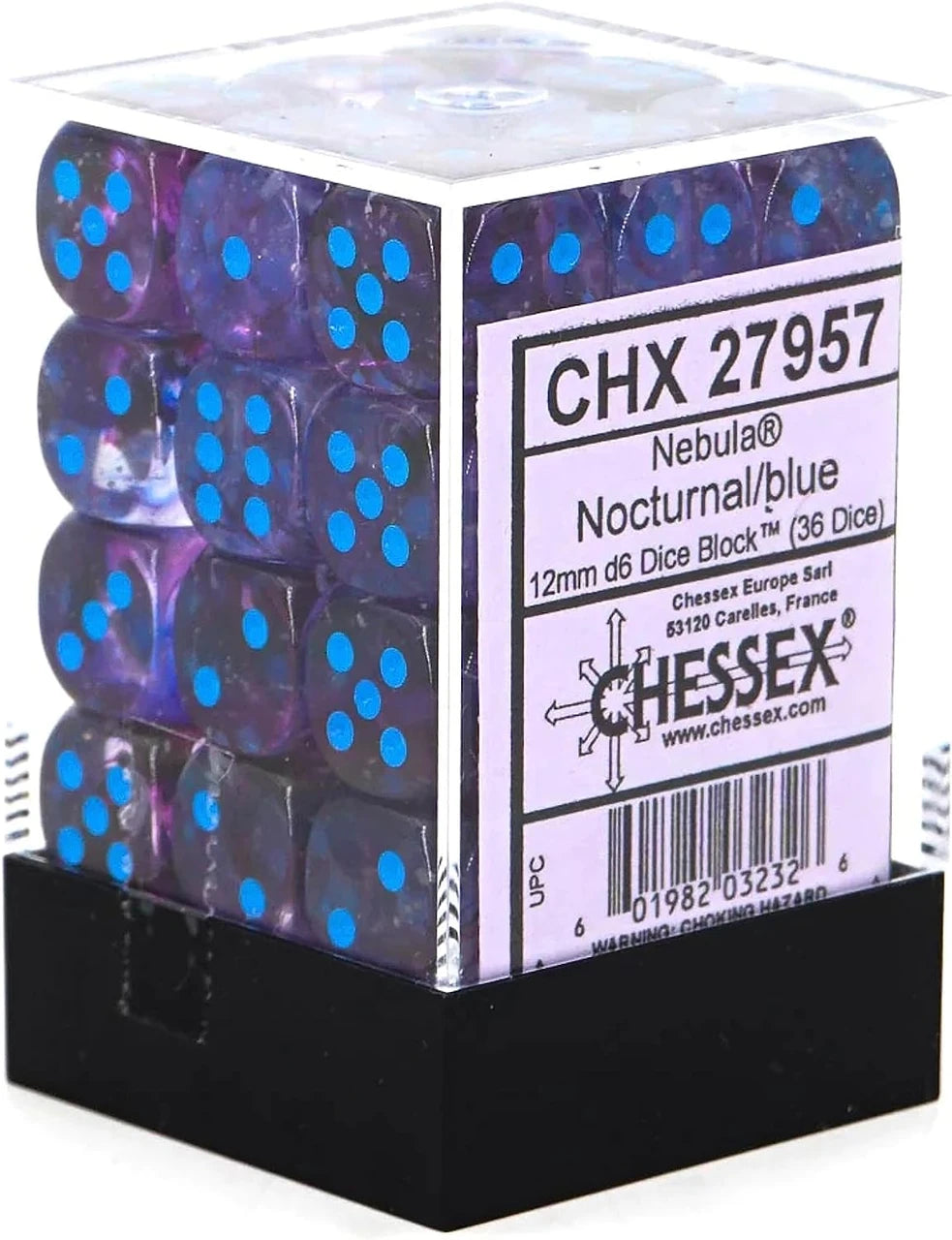 Chessex - Würfelset - Nebula - Nocturnal / blue - 12mm - d6 Dice Block - Glows in the Dark - 36 Stück