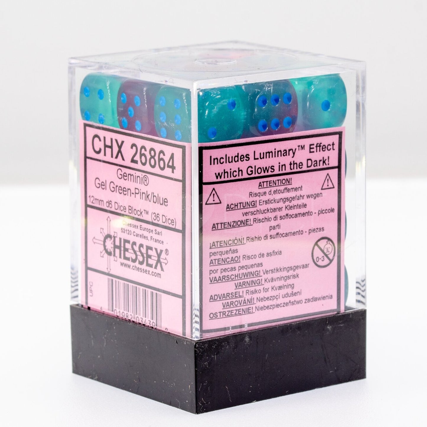 Chessex - Würfelset - Gemini - Gel Green - Pink / blue - 12 mm - d6 Dice Block - Glow in the Dark - 36 Stück