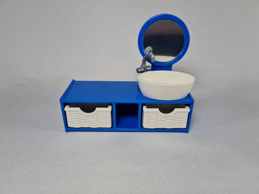 Playmobil blauer Waschtisch mit Spiegel und weißen Körben-Badezimmer-Ersatzteil-Zubehör