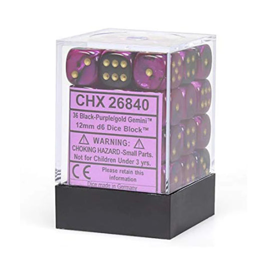 Chessex - Würfelset - Gemini - Black - Purple / gold - 12 mm - d6 Dice Block - 36 Stück