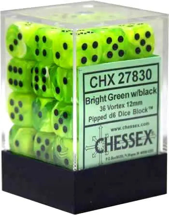 Chessex - Würfelset -  Vortex - Bright Green / Black - 12mm - d6 - Dice Block - 36 Stück
