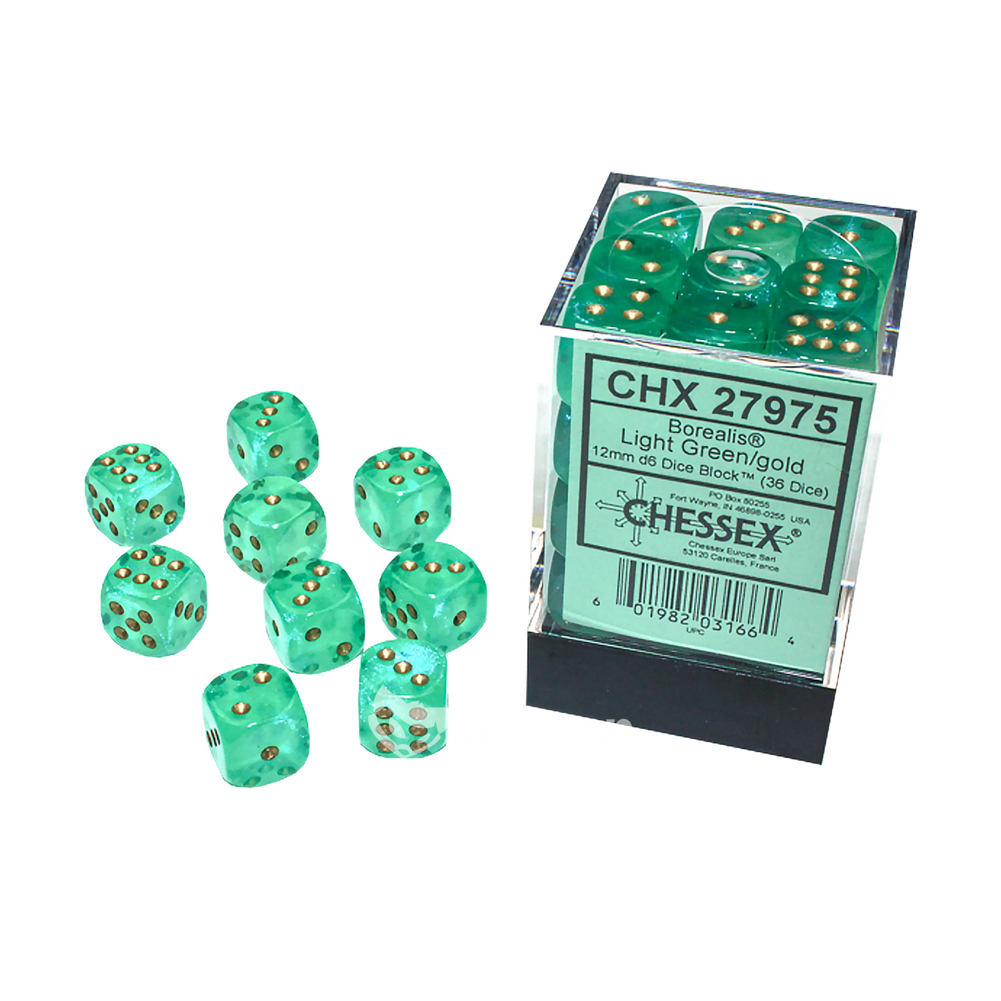Chessex - Würfelset - Borealis - Light Green / gold - 12mm - 6d Dice Block - Glow in the Dark -36 Stück
