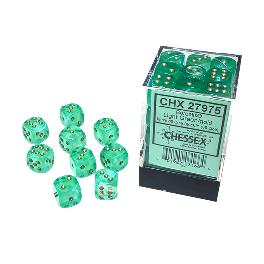 Chessex - Würfelset - Borealis - Light Green / gold - 12mm - 6d Dice Block - Glow in the Dark -36 Stück