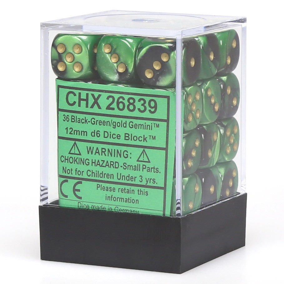 Chessex - Würfelset - Gemini - Black - Green / gold - 12mm - d6 Dice Block - 36 Stück
