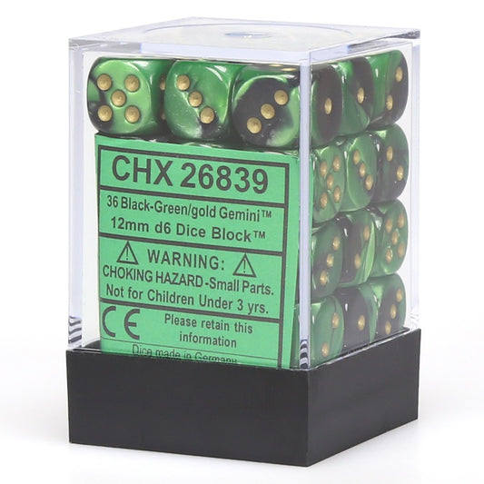 Chessex - Würfelset - Gemini - Black - Green / gold - 12mm - d6 Dice Block - 36 Stück