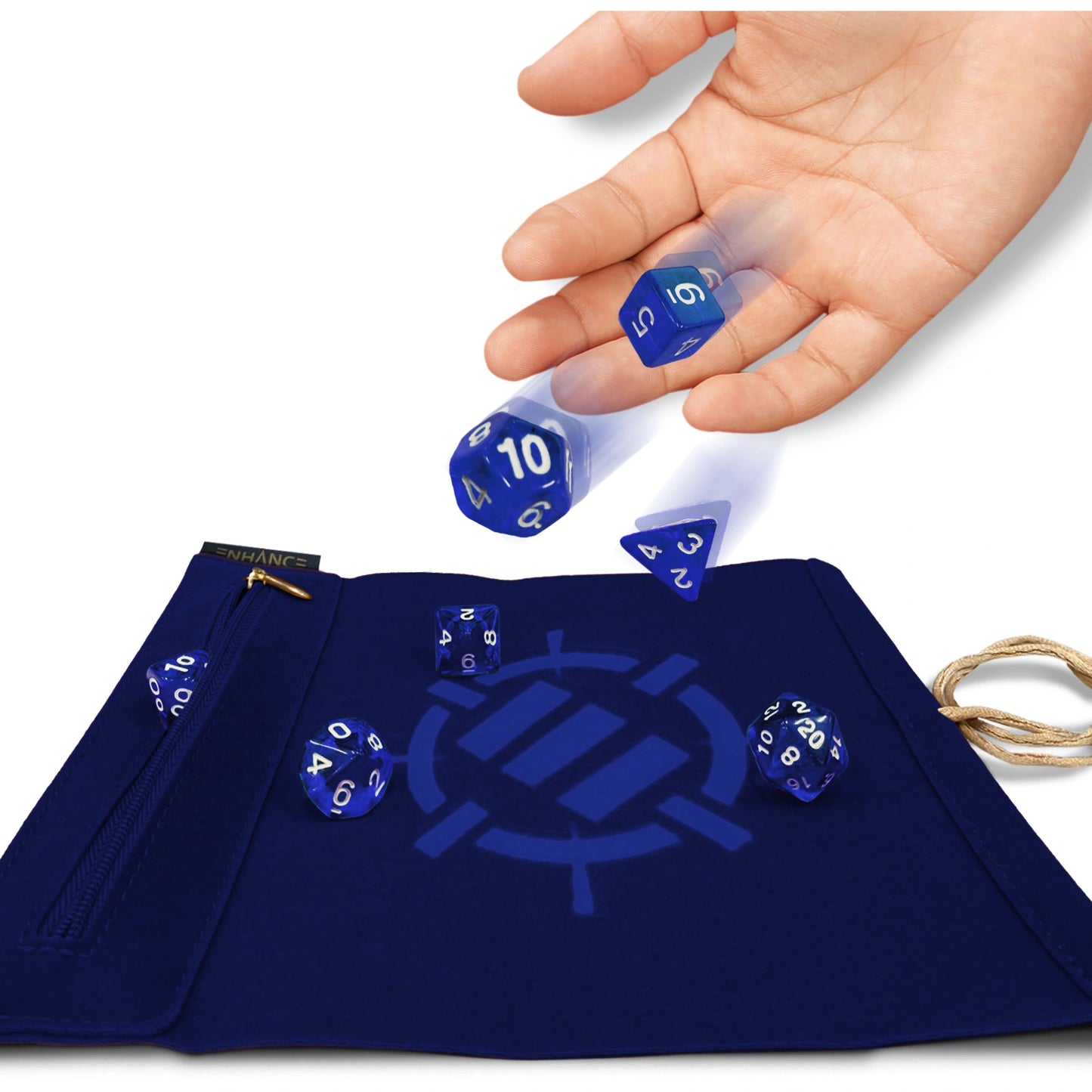 Enhance Gaming - Roll On A Scroll - Dice Case & 7-teiliges Acryl-Würfelset - Blau