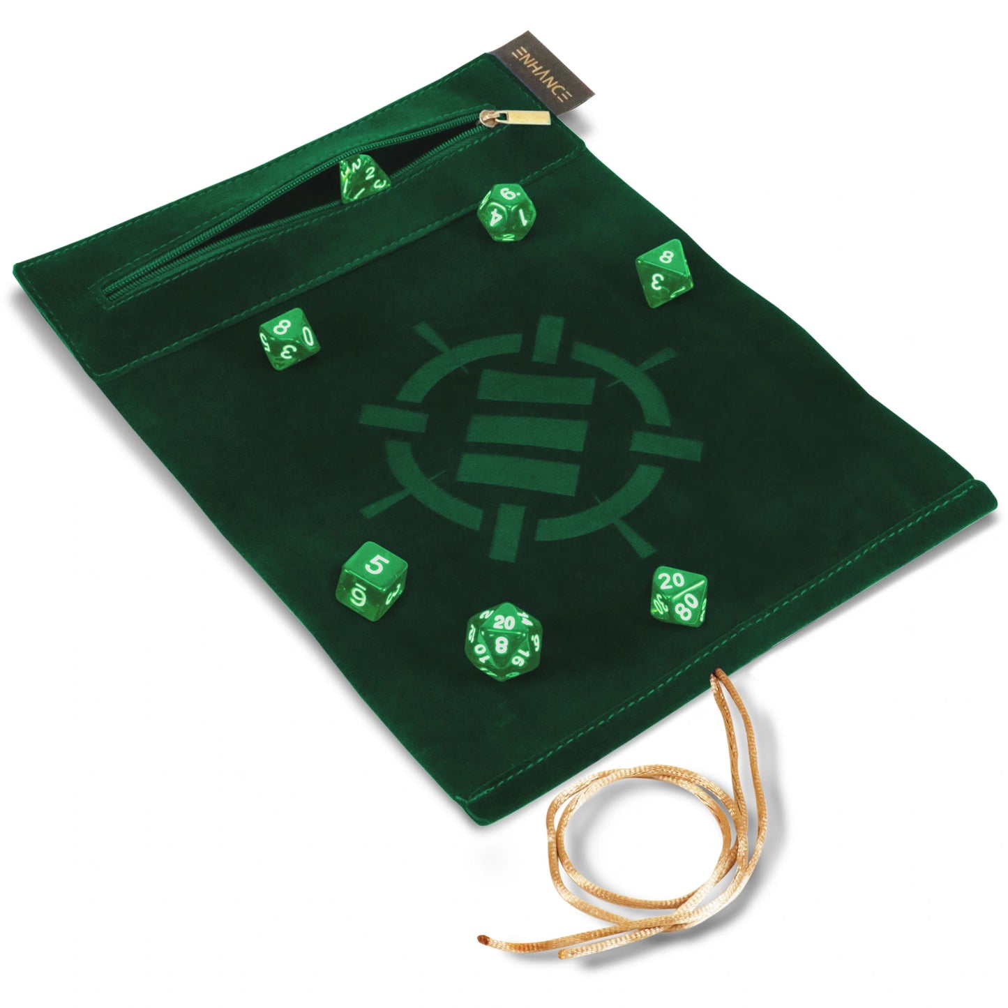 Enhance Gaming - Roll On A Scroll - Dice Case & 7-teiliges Acryl-Würfelset - Grün