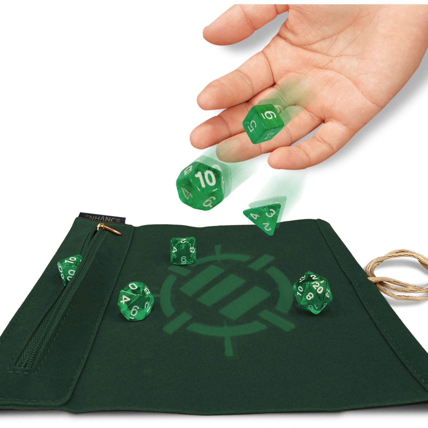 Enhance Gaming - Roll On A Scroll - Dice Case & 7-teiliges Acryl-Würfelset - Grün