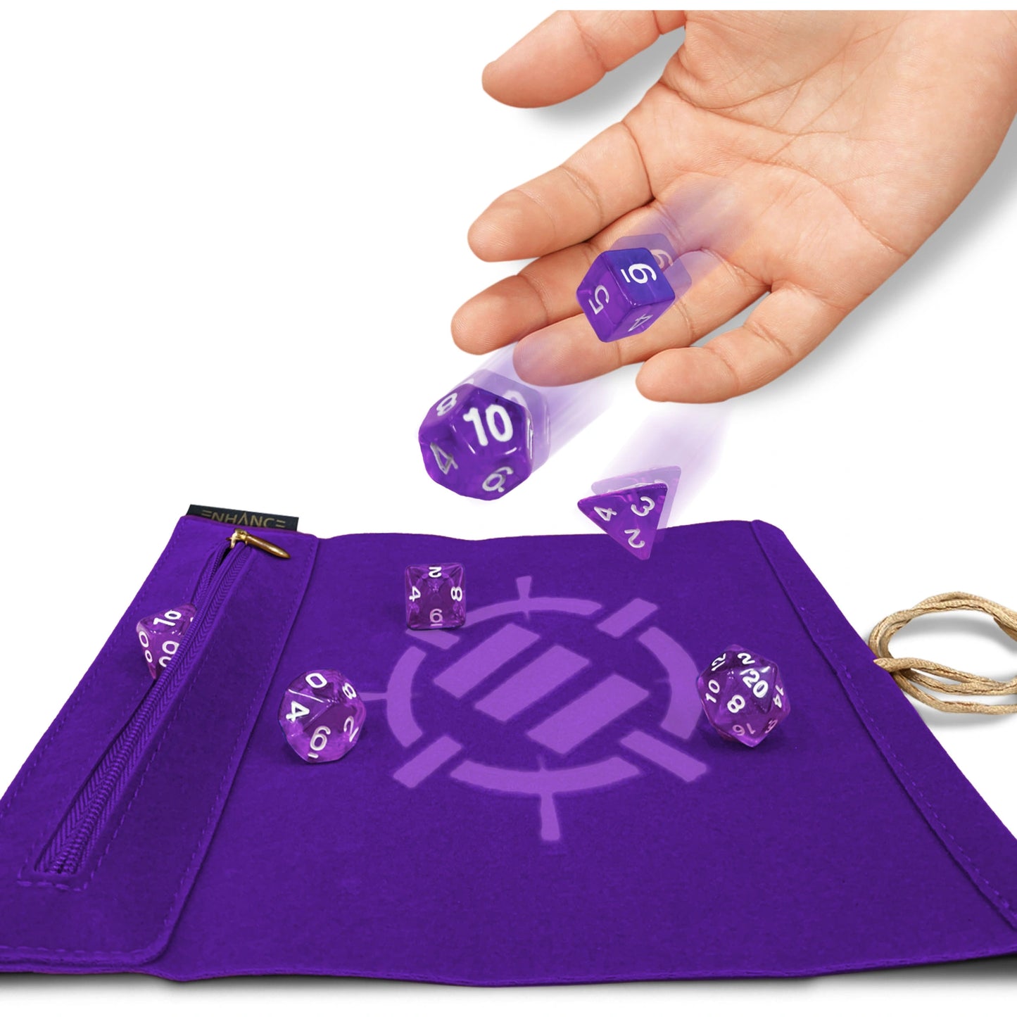 Enhance Gaming - Roll On A Scroll - Dice Case & 7-teiliges Acryl-Würfelset - Lila