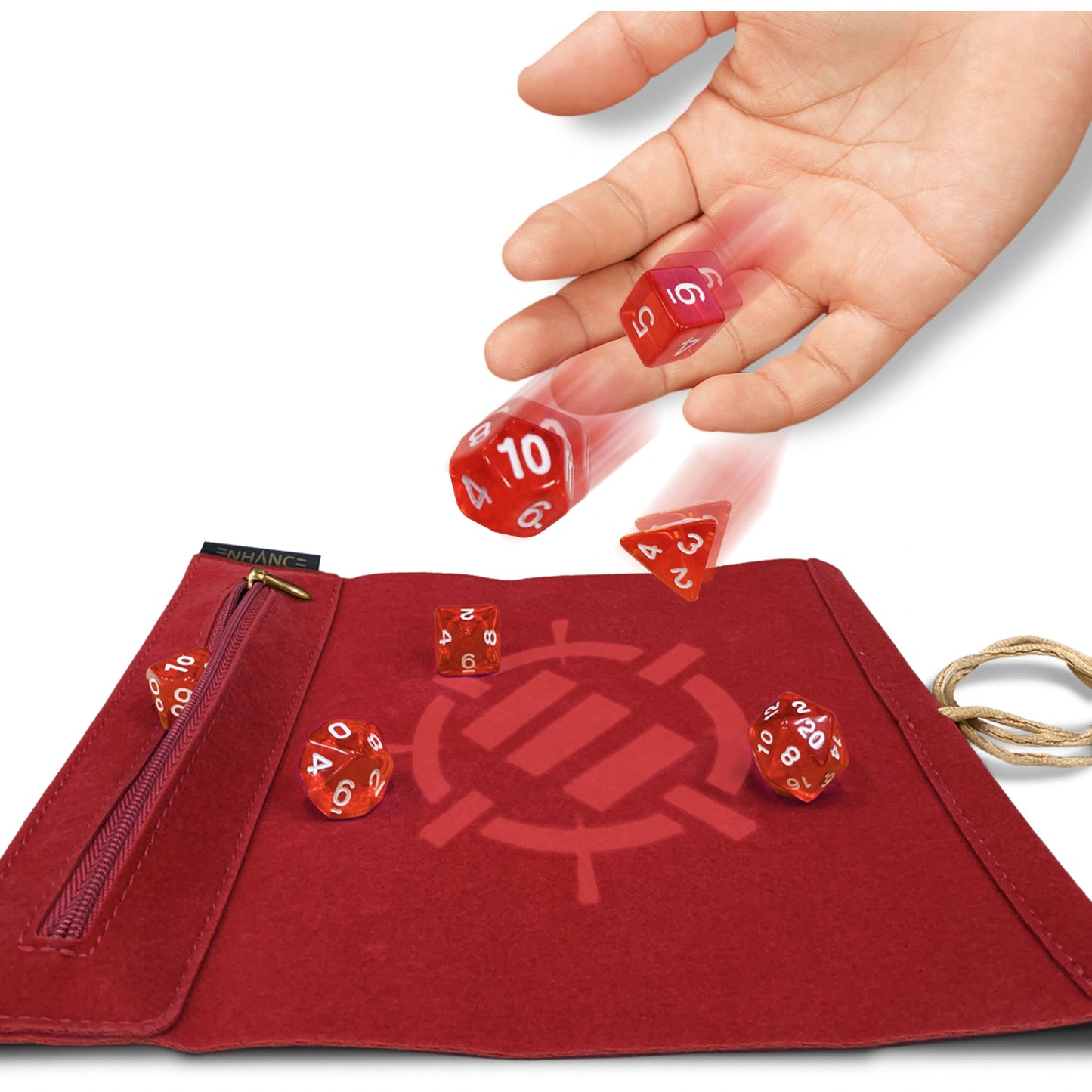 Enhance Gaming - Roll On A Scroll - Dice Case & 7-teiliges Acryl-Würfelset - Rot