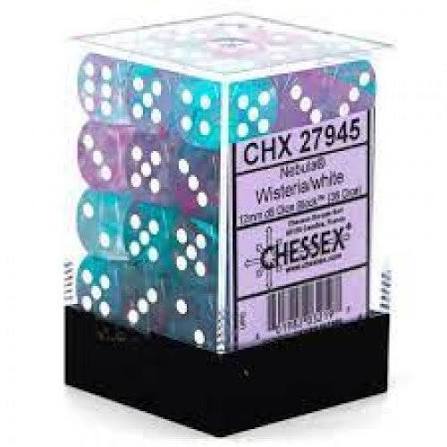 Chessex - Würfelset - Nebula - Wisteria / white -12mm - d6 Dice Block - Glows in the Dark - 36 Stück