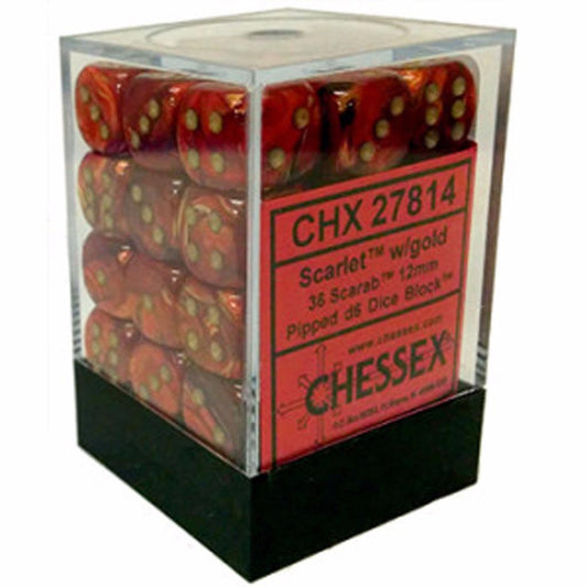 Chessex - Würfelset - Scarab - Scarlet / gold - 12 mm - d6 Dice Block - 36 Stück